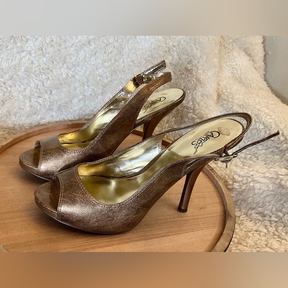 Carlos Santana “Hope” Peep-Toe Slingback Stiletto Heels Bronze Gold  Size 9 M - Picture 4 of 7